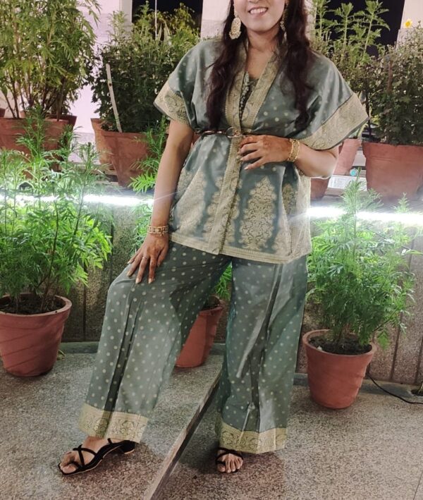 banarsi saree upcycled kimono and pants make it adt co-ord set