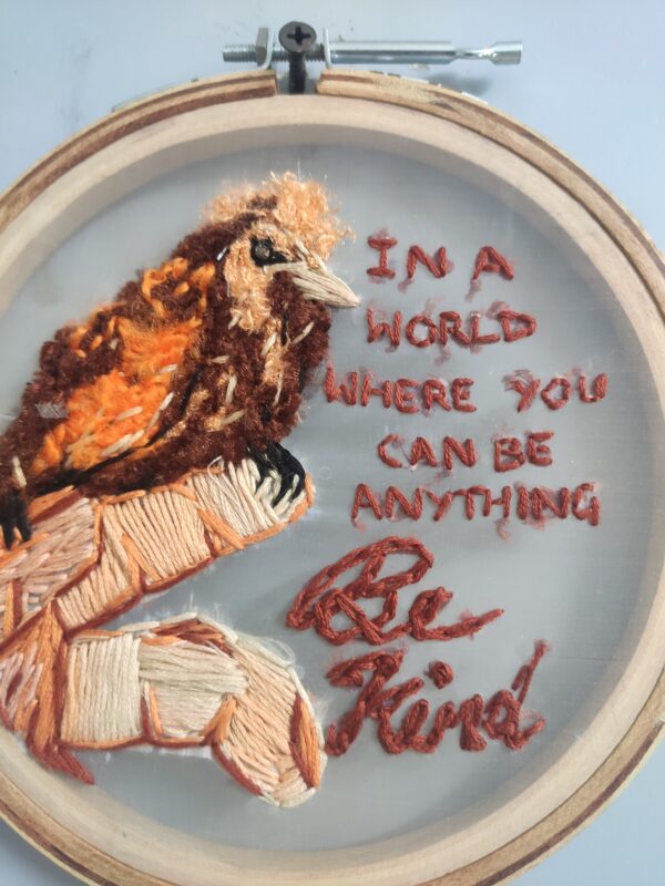 embroidered hoop art of bird and qoute