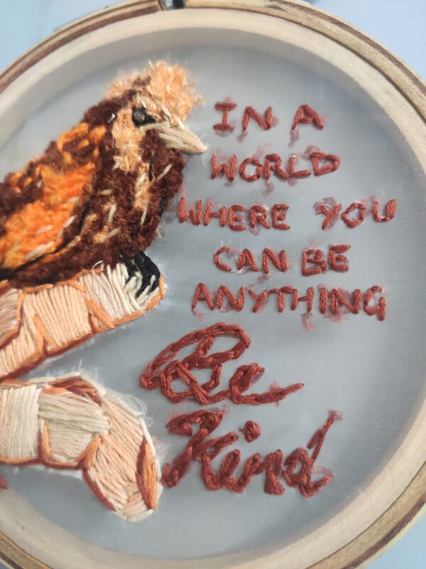 embroidered hoop art of bird and qoute