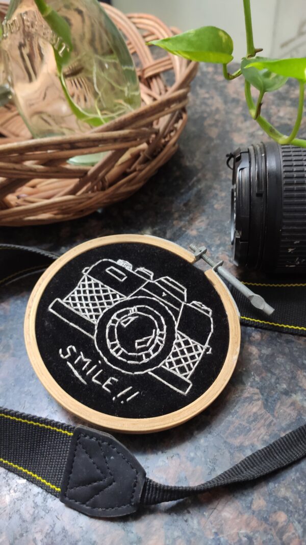 embroidered hoop art camera saying smile
