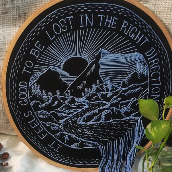 embroidered hoop art of mountains