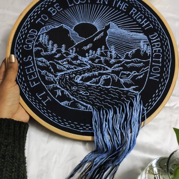 embroidered hoop art of mountains