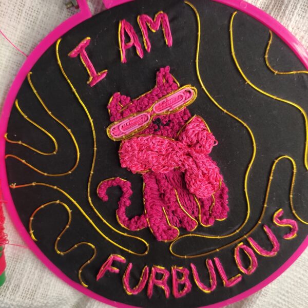 embroidered hoop art of cat with i am furbulous written