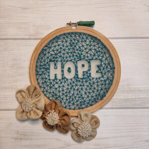 embroidered hope hoop art on organza