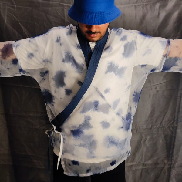 blue n white unisex Organza kimono with tie up
