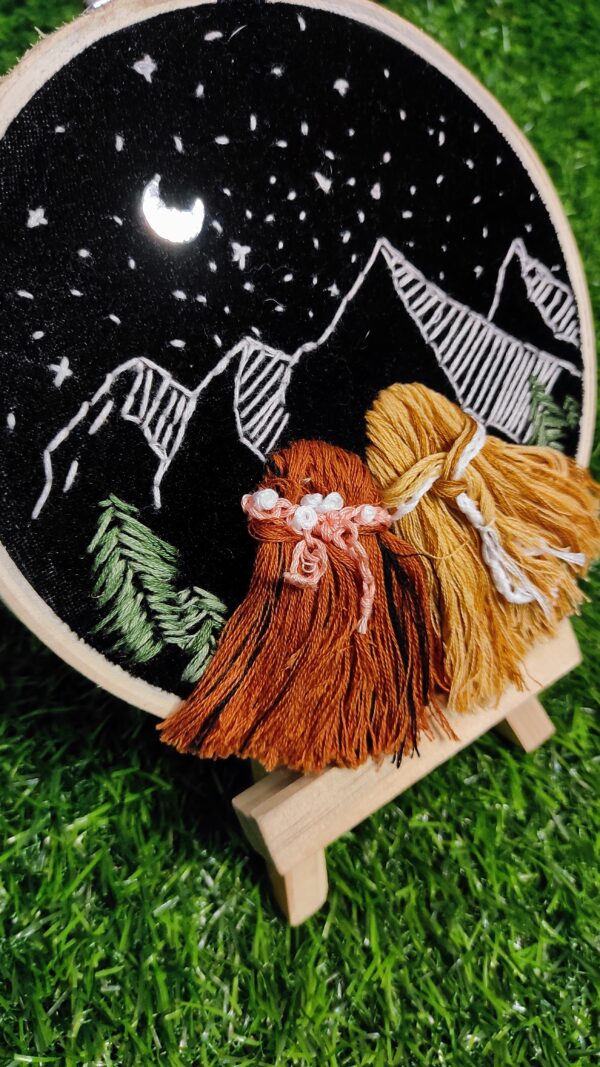 embroidered hoop art friends under stars and mountains