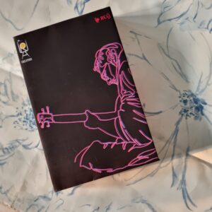 Diary with dip dye edges and artwork of guy playing guitar on cover
