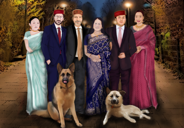 custom digital portrait of family with pets