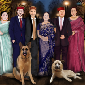 custom digital portrait of family with pets