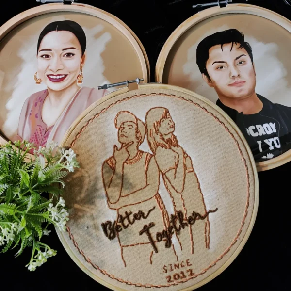 embroidered hoop art and digital potrait couples hamper