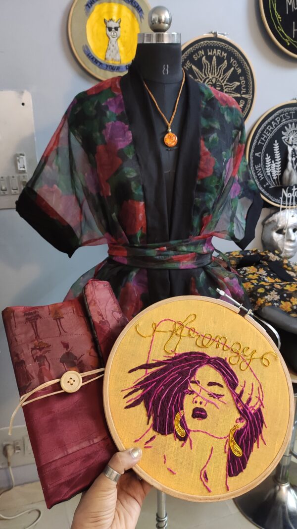 hamper of make it ADT hoop art with upcycled diary ,pendant and kimono