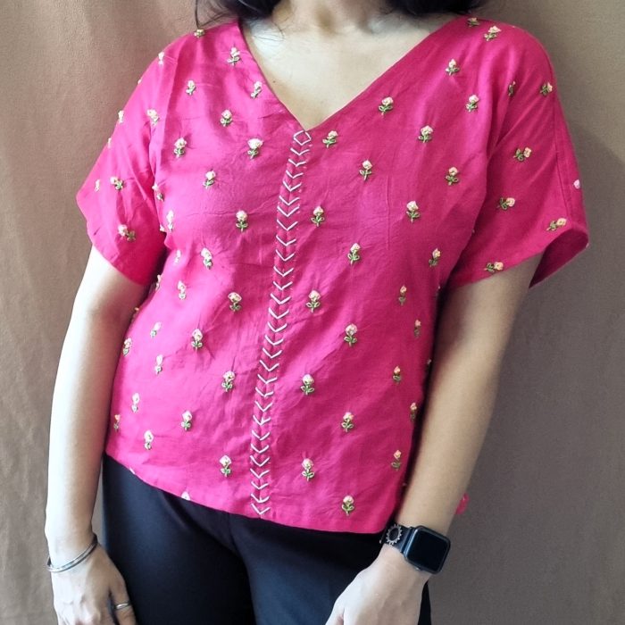 Magenta flora embroidered top